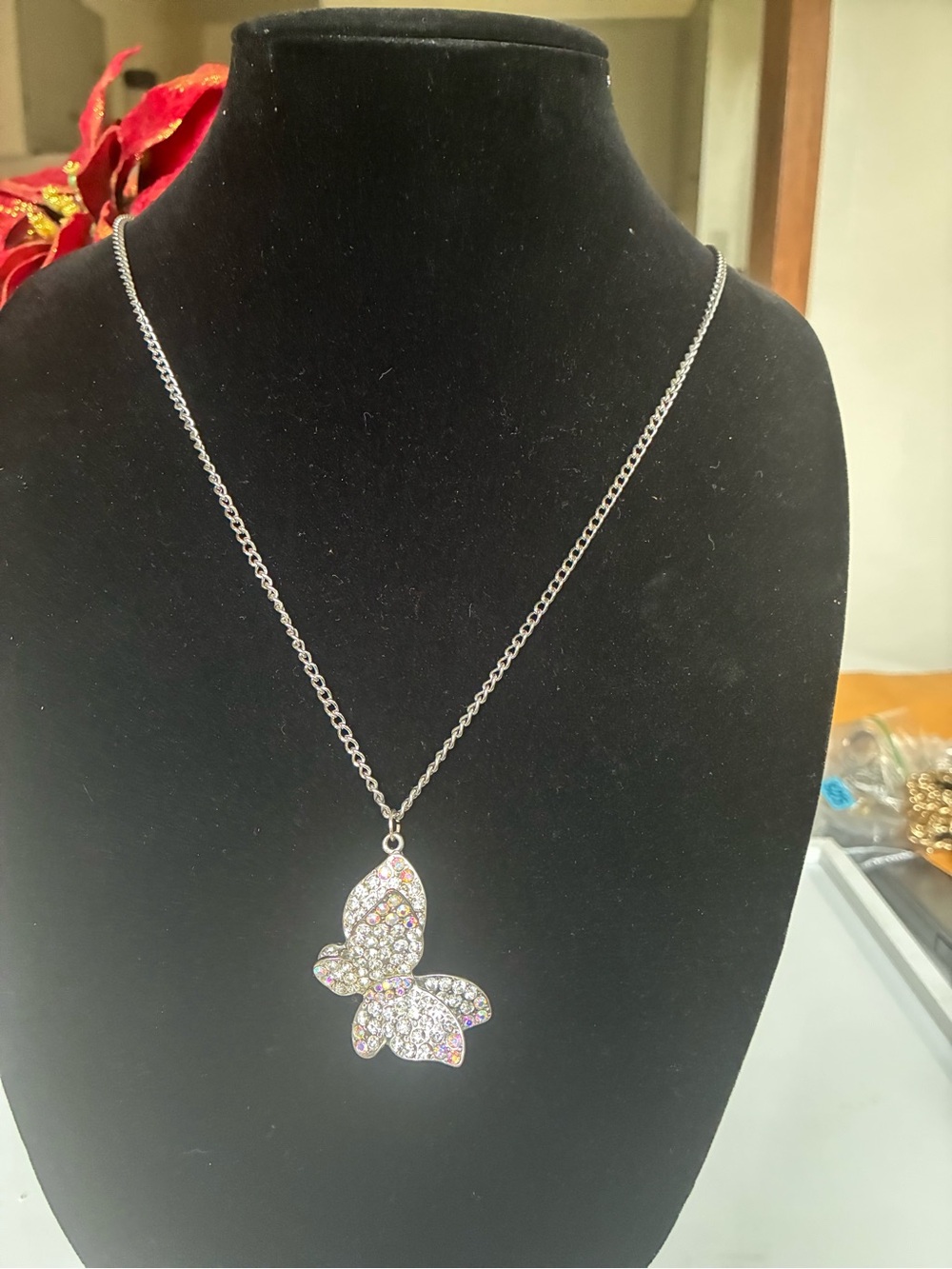 Rhinestone Butterfly Pendant Necklace - Silver Tone